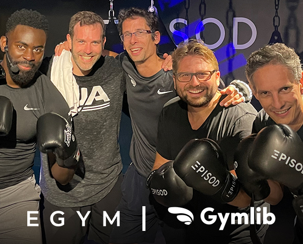 The management teams of Gymlib and EGYM sparring together with a personal coach (left). Nicolas Stadtelmeyer, Grégoire Véron, Philipp Roesch-Schlanderer and Sébastien Bequart.